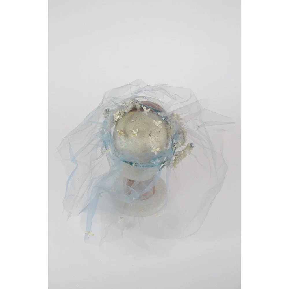 Vintage 1950s Wax Flower Fascinator Hat Crown Blue Veil Rizik Bros New York
